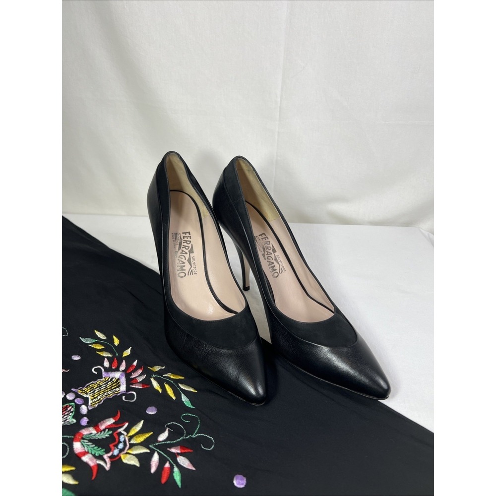 Salvatore Ferragamo Pumps Black Suede-Trimmed Leather Pointed Toe Heels- US 9.5 - Picture 1 of 9